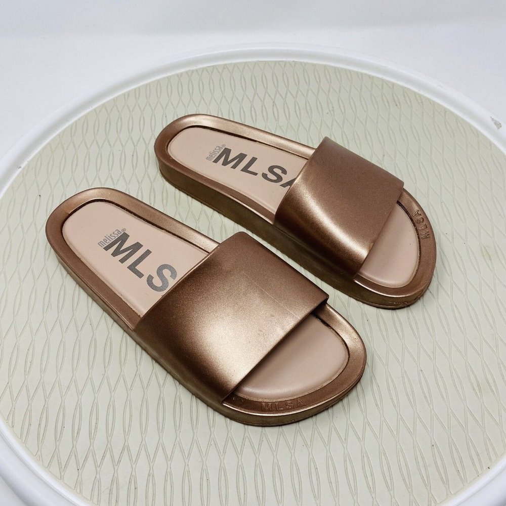 Melissa Shoes Beach Slides Sandals 6 Pink Rose Gold Shoes Vegan Shine Slip On